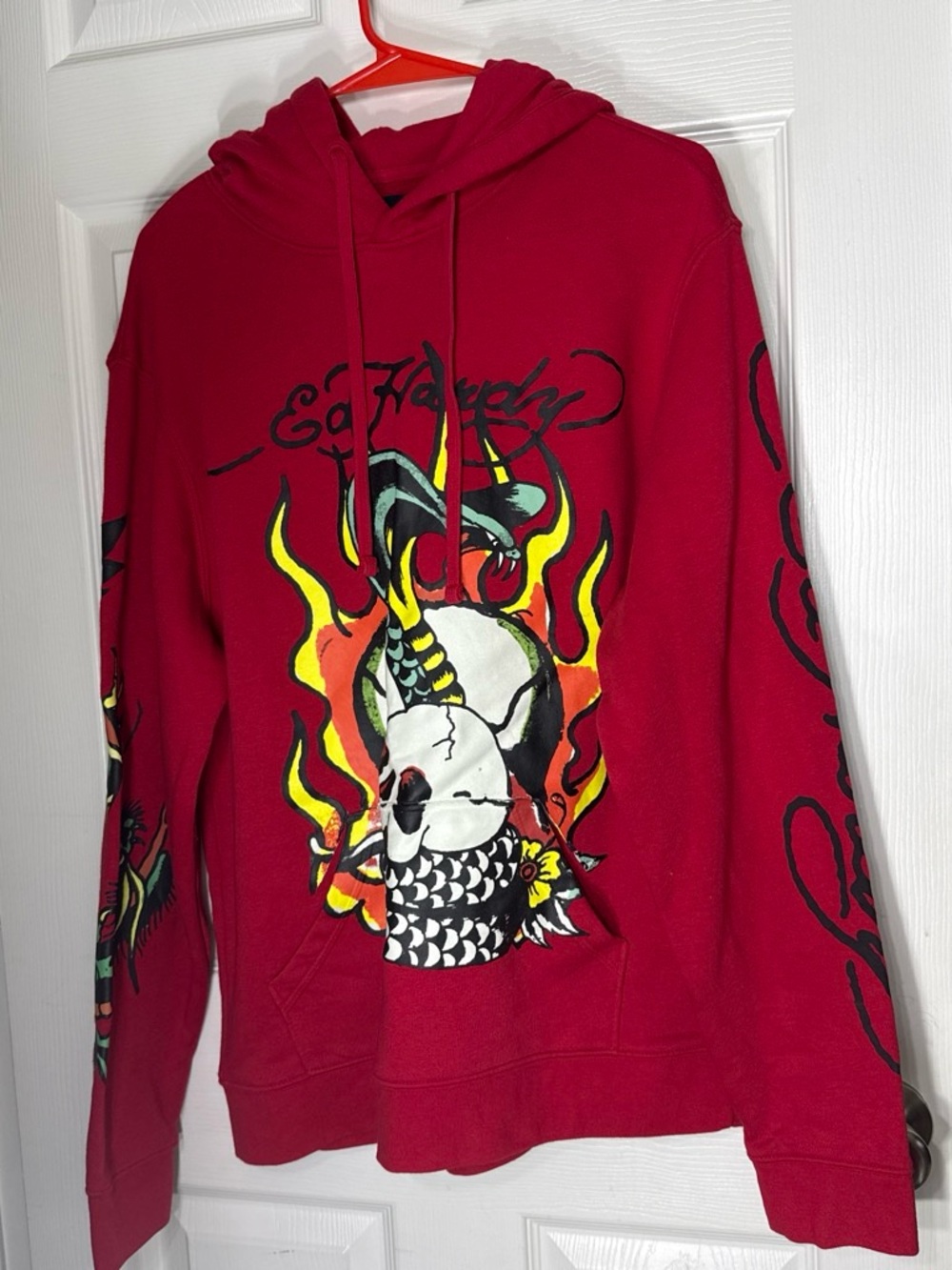 Ed Hardy Red Hoodie with Flaming Skull Graphic